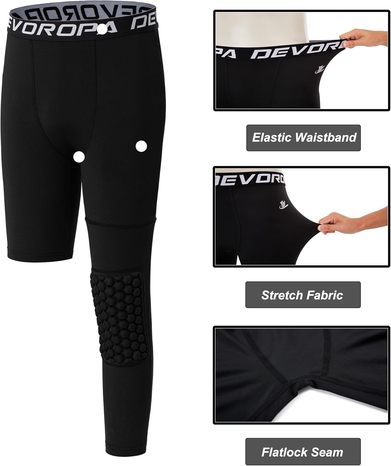 DEVOROPA Youth Boys' Compression Pants with Knee Pads 3/4 Basketball Athletic Tights Quick Dry Sports Workout Leggings - Image 6