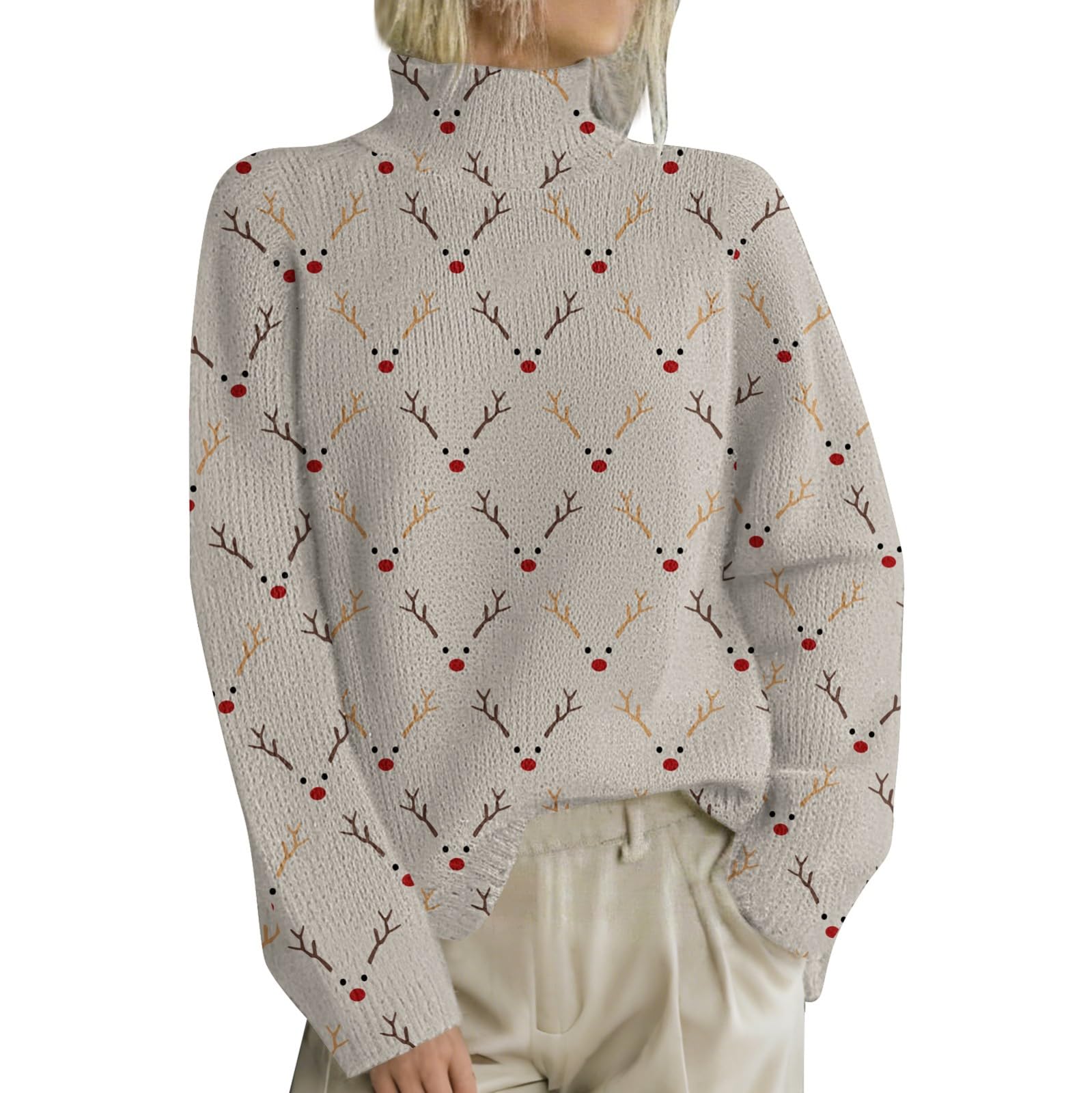 Fair Isle Christmas Sweater for Women Winter Long Sleeve Vintage High Neck Knitted Xmas Tops Casual Pullover Sweaters