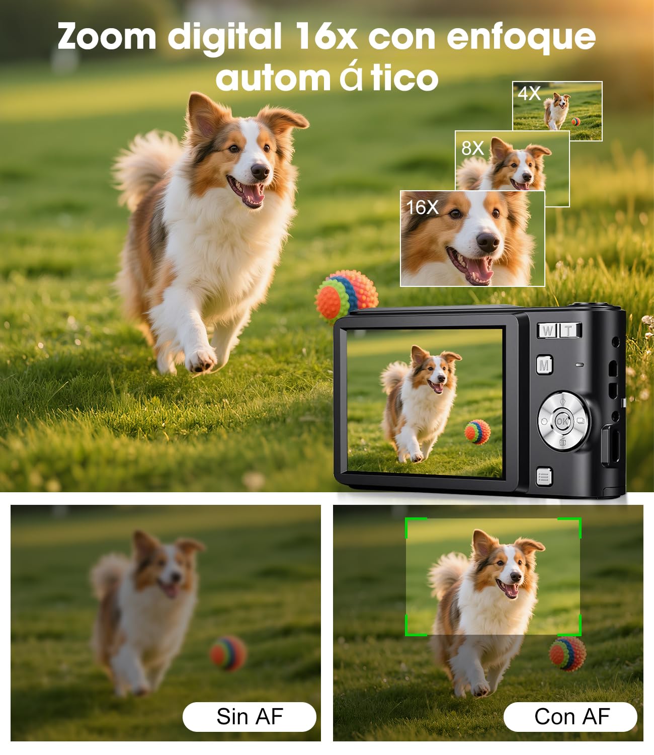 Camara de Fotos Digital Compacta, 50MP 1080P Digitales Camaras con Pantalla de 2.4”, 16X Zoom Digital, Mini Video Cámara Flash Antivibración para Infantil, Principiantes y Adultos, 16G Negro