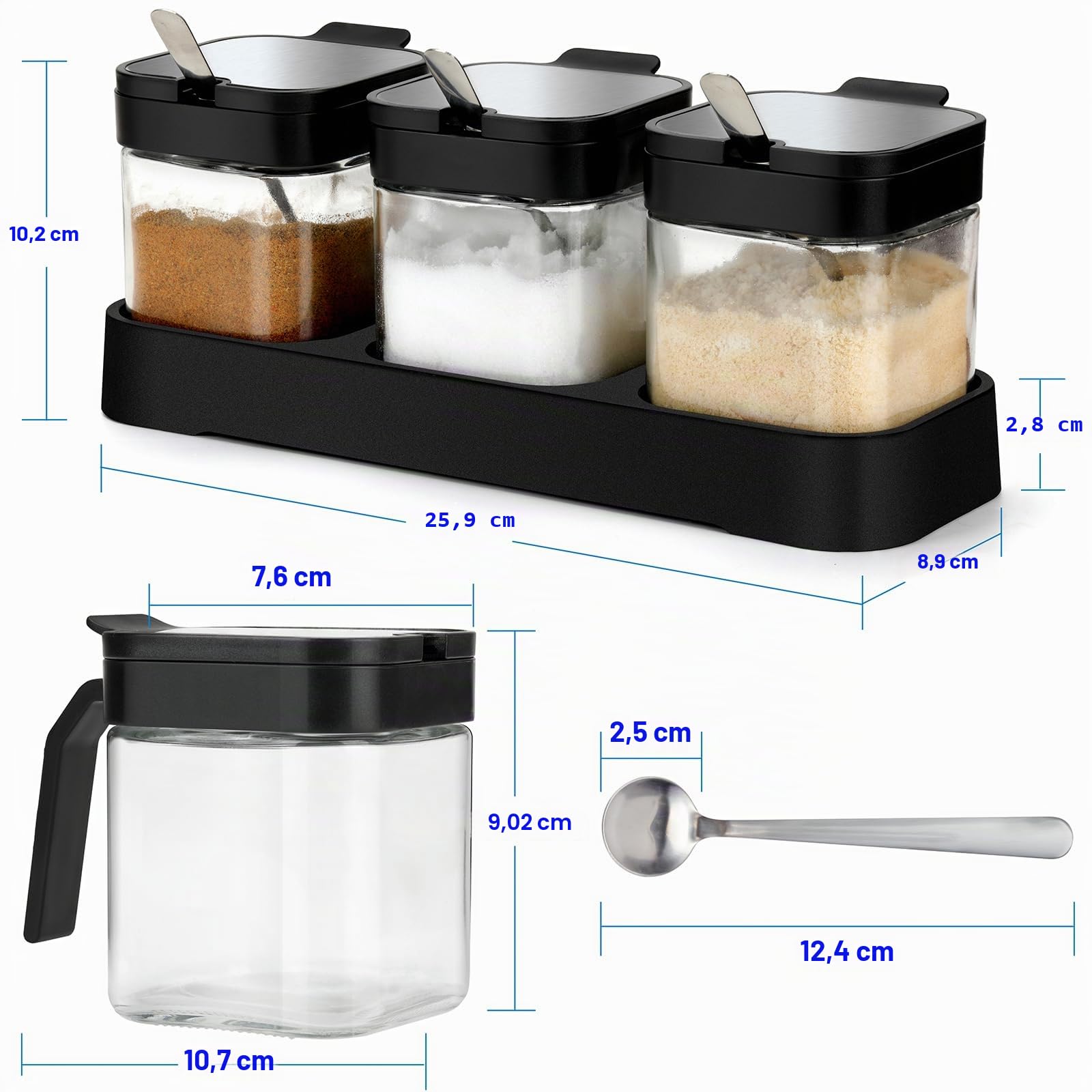 Mlici Gewürzdosen 3er Set mit Löffel Deckel und Tablett, 250ml Große Gewürzgläser Eckig, Gewürzbehälter aus Glas zur Aufbewahrung von Küchengewürzen
