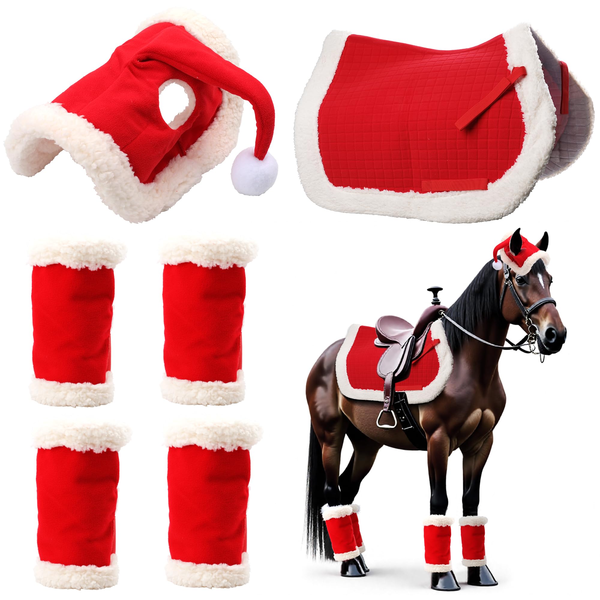 Costume di Natale per cavalli accessori da indossare: Sunnyload Pezzo Sottocoda di Natale Coprigambe da Babbo Natale con pelliccia sintetica Un allegro cappello di Natale per elmo da equitazione