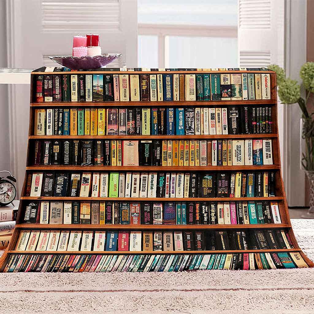 Couverture flanelle douce pour lit et déplacements motif bibliothèque