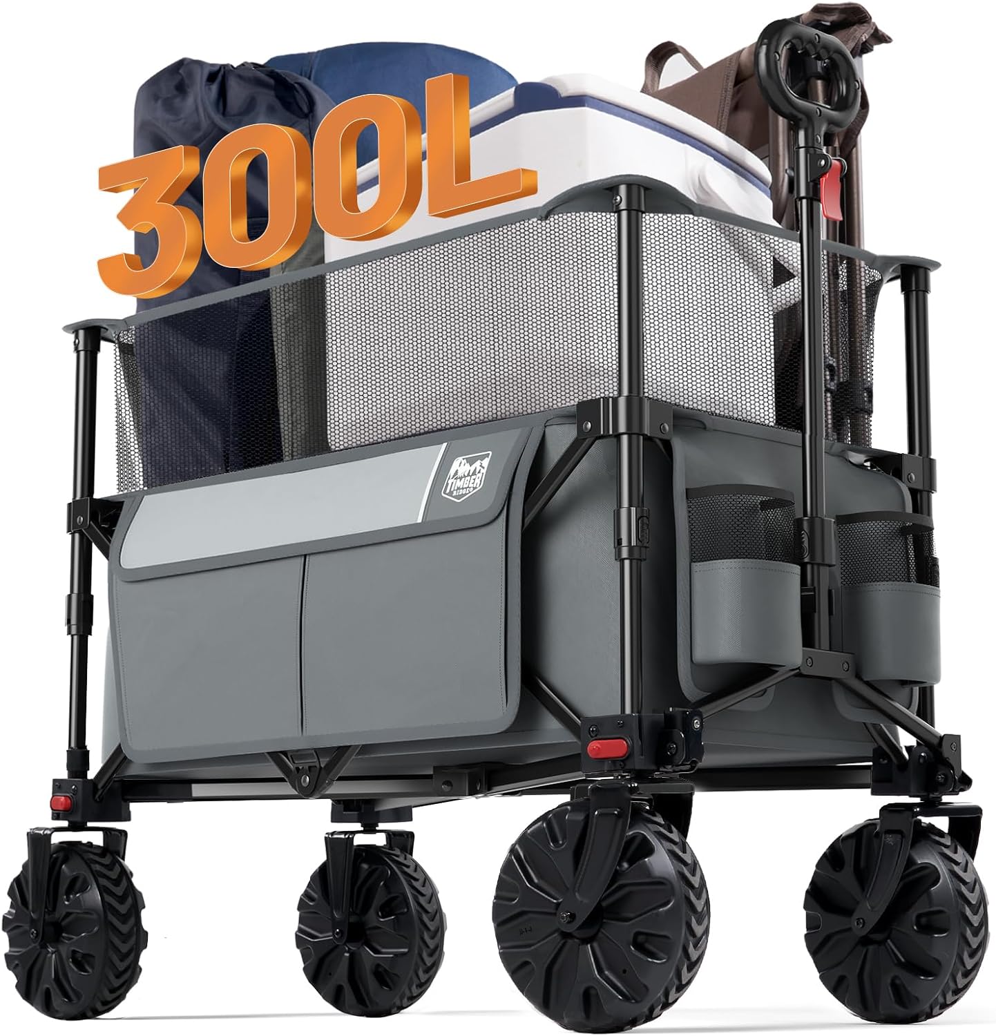(similar to stock photo) timber ridge foldable wagon 300l extendable height, 300lbs capasity collapsible wagon cart with all terrians detachable wheels, compact folding utility wagon for camping, fishing, shopping grey gray extra large