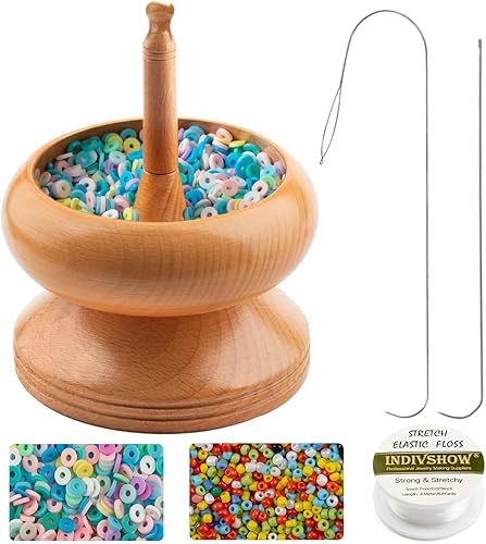 Spinner de cuentas de arcilla con cuentas de arcilla y cuentas de semillas, 2 agujas giratorias de cuentas, cordón elástico de 26.2 ft para hacer