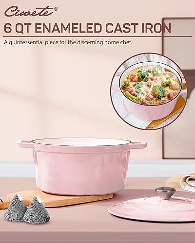 Miniatura 2 de Olla holandesa de 6 cuartos de galón con tapa, horno holandés de hierro fundido esmaltado para hacer pan, estofar, cocinar, asas dobles, apta para