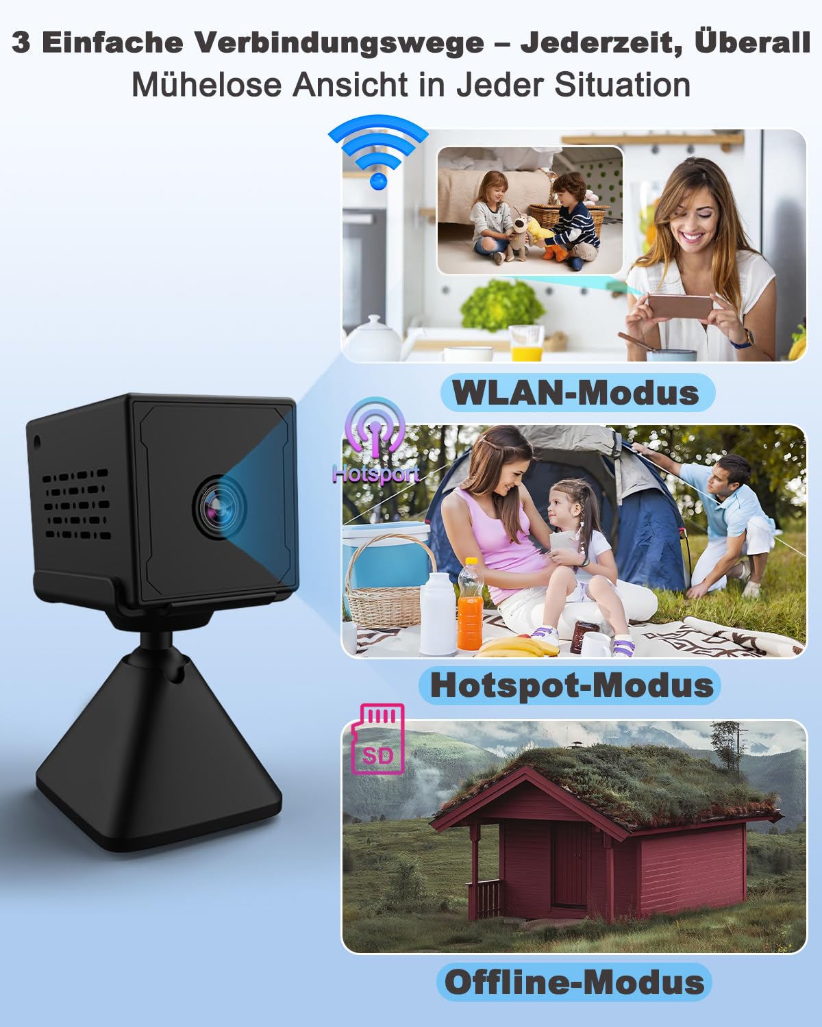 Mini Kamera, 4K UHD Überwachungskamera Innen, 3 modi: WLAN, AP Hotspot & Überwachungskamera Ohne WLAN, 2000mAh Akku, Lange Laufzeit, Nachtsicht&Bewegungserkennung, Mini Kamera für Innen Außenbereich