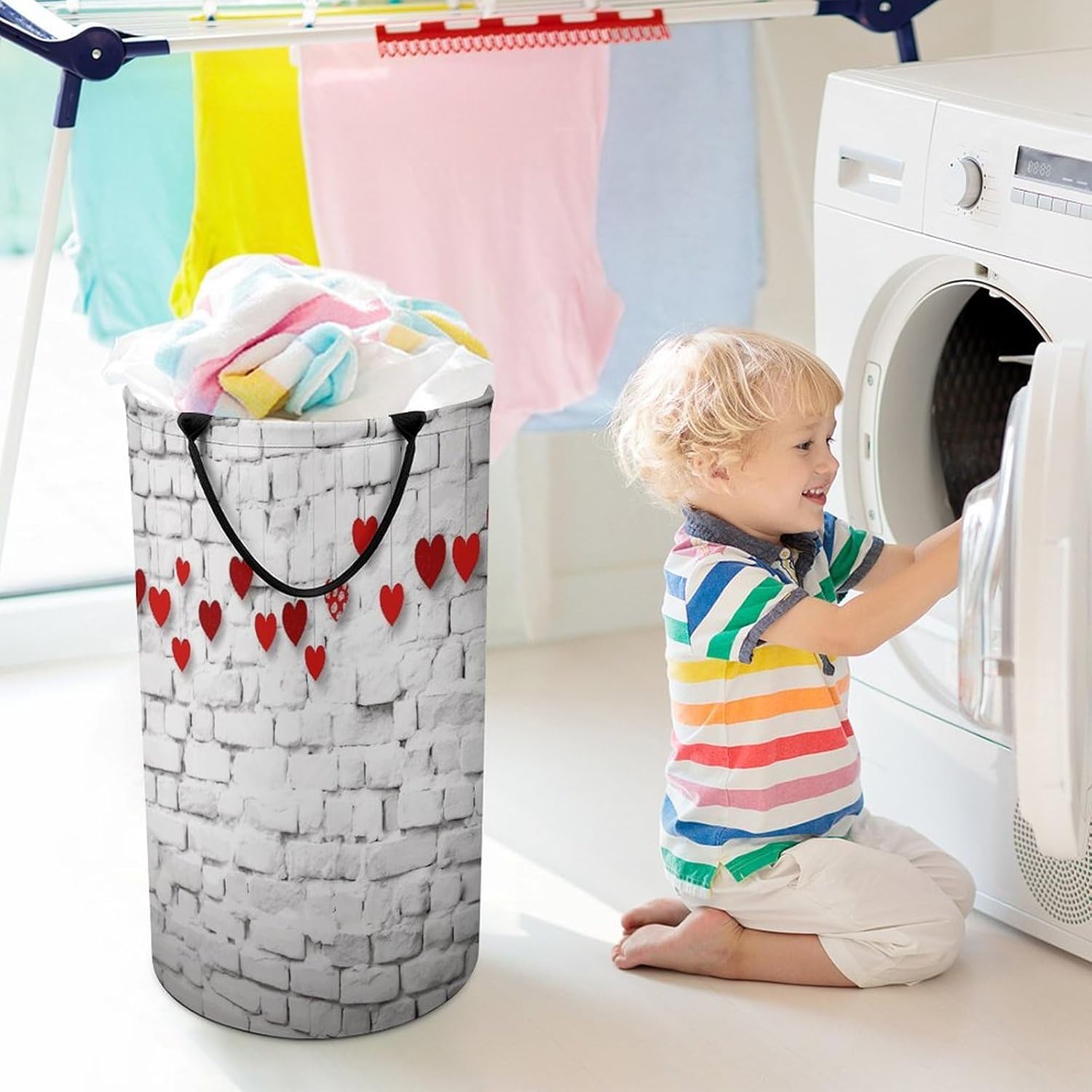 Red Hearts on White Brick WallLaundry Hamper - Large Dirty Clothes Bag.Storage Basket for Easy Carry Handles. Large Clothes Basket with Handles, Clothing Storage Bucket Toy Organizer for Bathroom Bed
