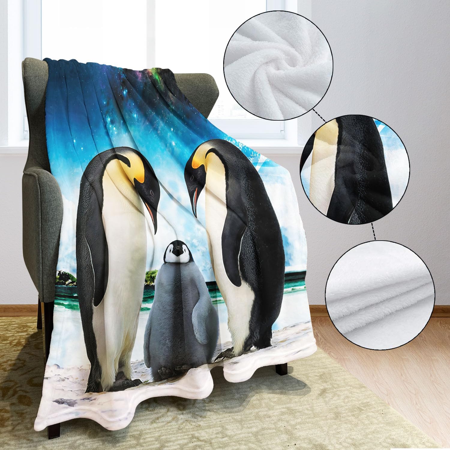 HommomH Emperor Penguin Family Throw Blanket, Galaxy Night Sky Design, Decorative Soft Cozy Fleece Blanket for Couch Bed, 60 x 80 Inches, Blue