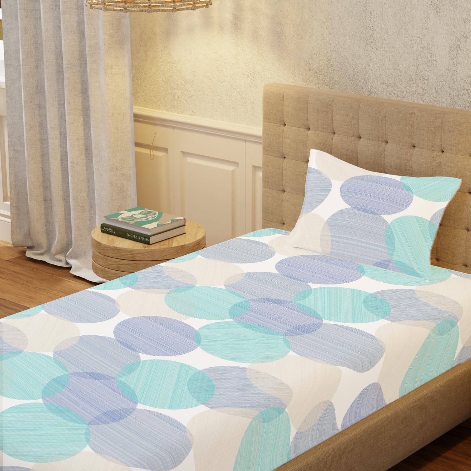 Urban Space 100% Cotton Bedsheet for Single Bed, Serene 200 TC Bedsheet Single Size Bed Cotton with 1 Pillow Cover (58 x 90 inches, Oval Blue)-picture-27