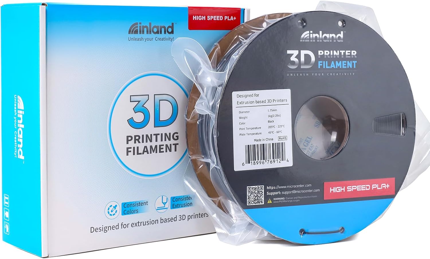 INLAND High Speed PLA+ 3D Printing Filament 1.75mm - Fast Printing PLA Pro Dimensional Accuracy +/- 0.03 mm - 1kg Cardboard Spool (2.2 lbs) (1 Pack Black)