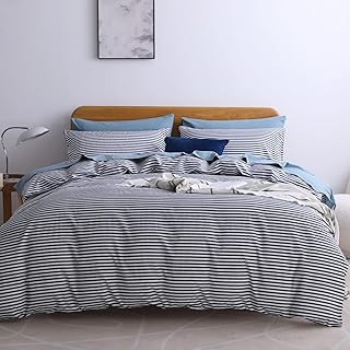 JELLYMONI 100% Natural Cotton 3pcs Striped Duvet Cover Sets,White Duvet Cover with Navy Blue Stripes Pattern Printed Comforter Cover,with Zipper Closure & Corner Ties(Full Size) - Buy now