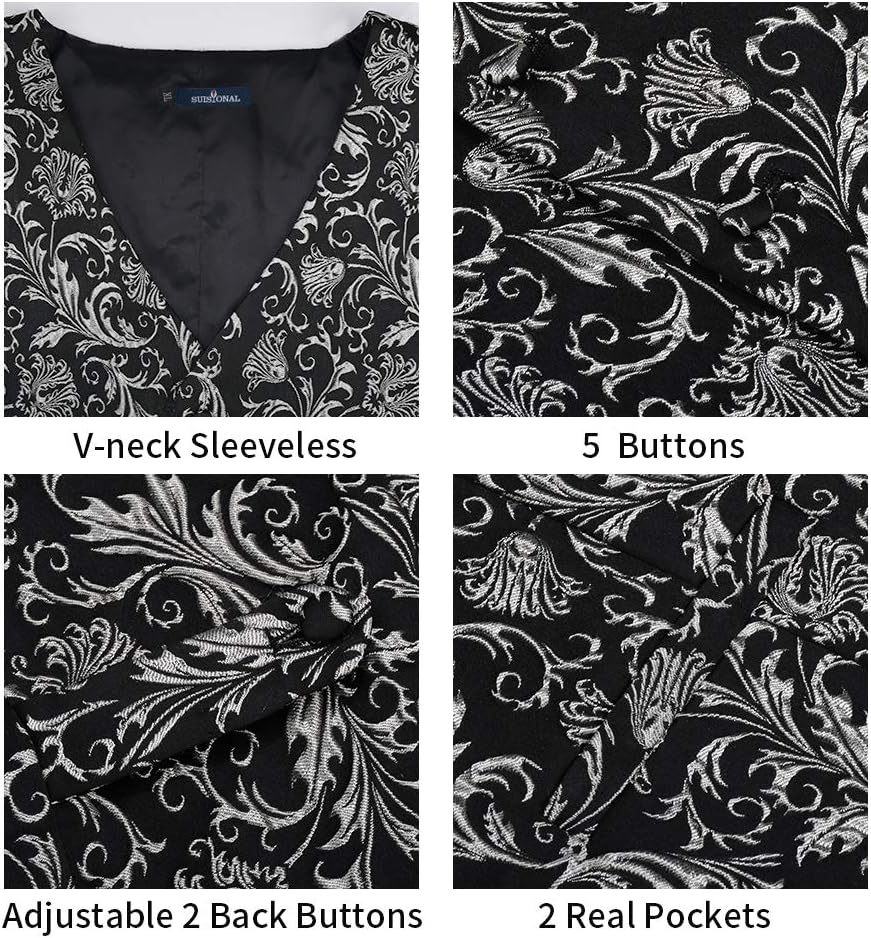 Nable Jacquard Suit Waistcoats Tuxedo Vest Silvery and Tie Sets,Silvery,4XL - Image 3