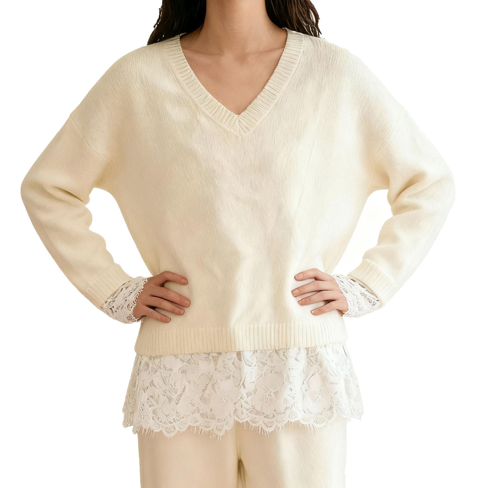 Womens Elegant V-Neck Sweater with Lace Trim Cream White Long Sleeve Knit Top Casual Fashion Pullover for Winter