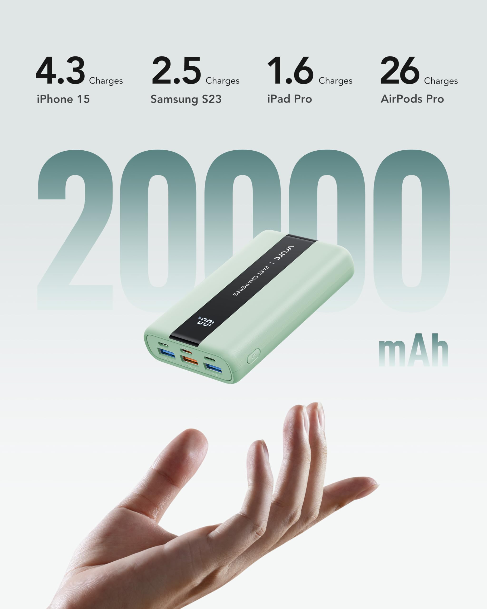 VRURC Power Bank 20000mAh, Piccola USB C Power Bank a ricarica rapida Mini batteria esterna da 22,5W Batteria ma potente Caricatore portatile compatibile con iPhone Tablet Huawei ecc(Verde)