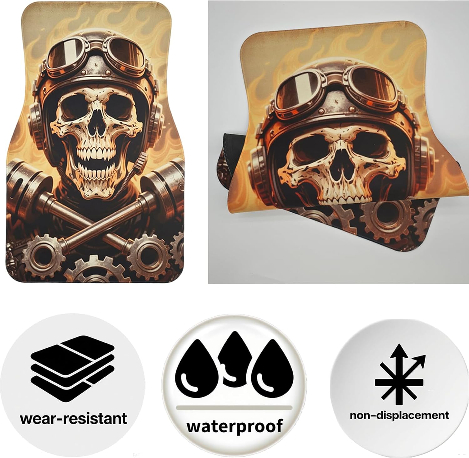 Luxury Boho Car Floor Mats Full Set | Car Decor for Women Men | Biker Skull Vintage Bohemian Pattern | Heavy Duty All-Weather Universal Rubber Liners | Non-Slip & Odor-Fre