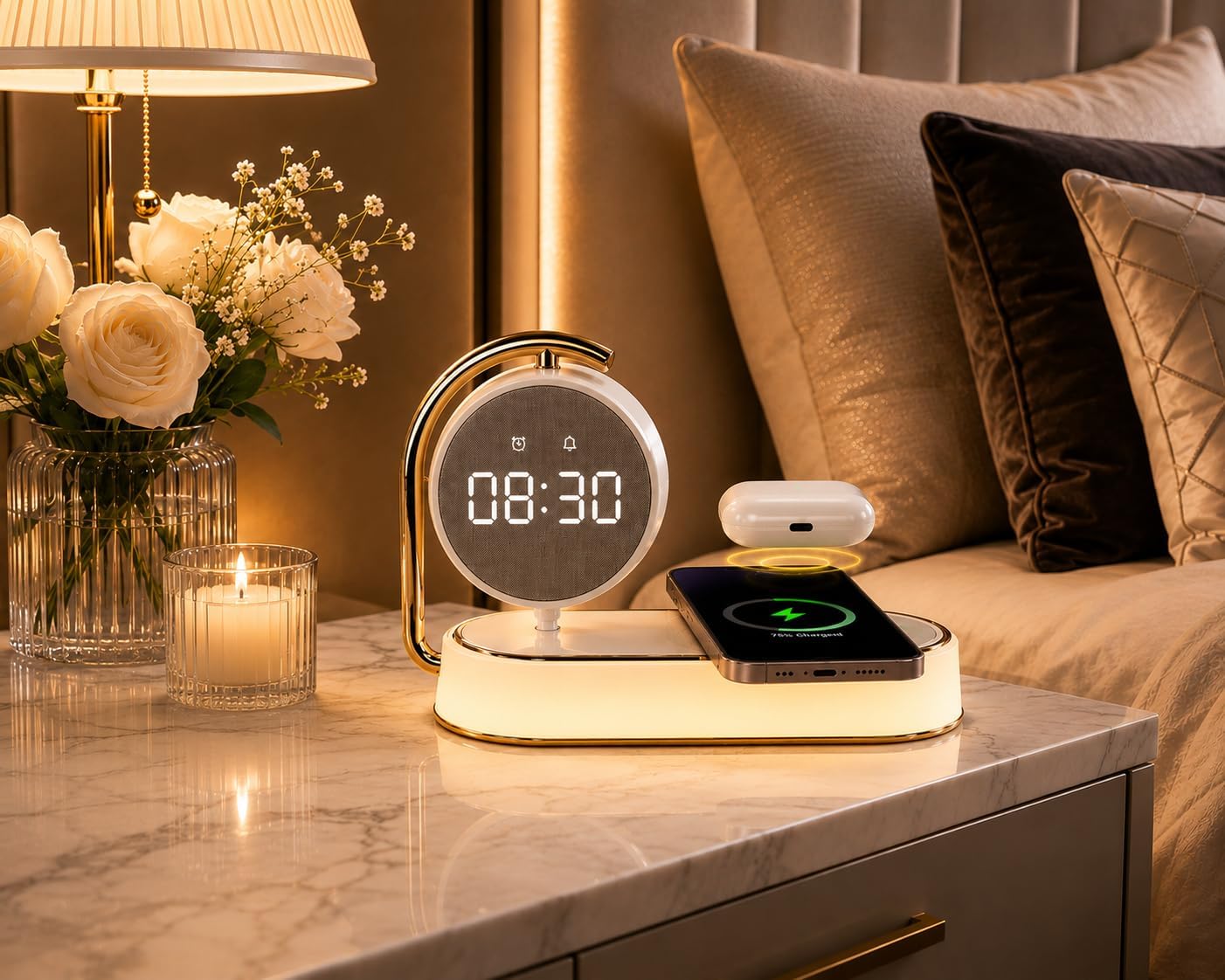 Wireless Charger 3 in 1 with Alarm Clock, White, Model K01T | 15W Fast Charging, LED Desktop Charger, for iPhone