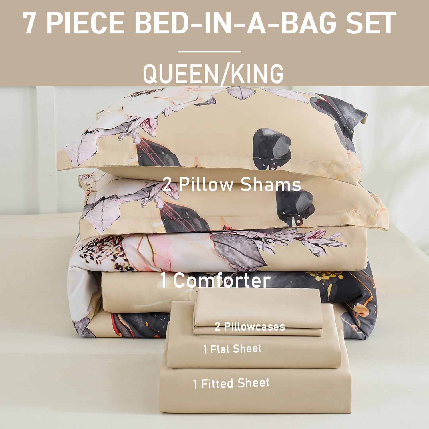 Yogeneg King Size Comforter Set 7 Piece Bed in a Bag,White Black Floral Botanical Pattern Khaki Bedding Set,Soft Microfiber Comforter with Sheet Set,All Season Bed Set(Khaki,King) - Image 6