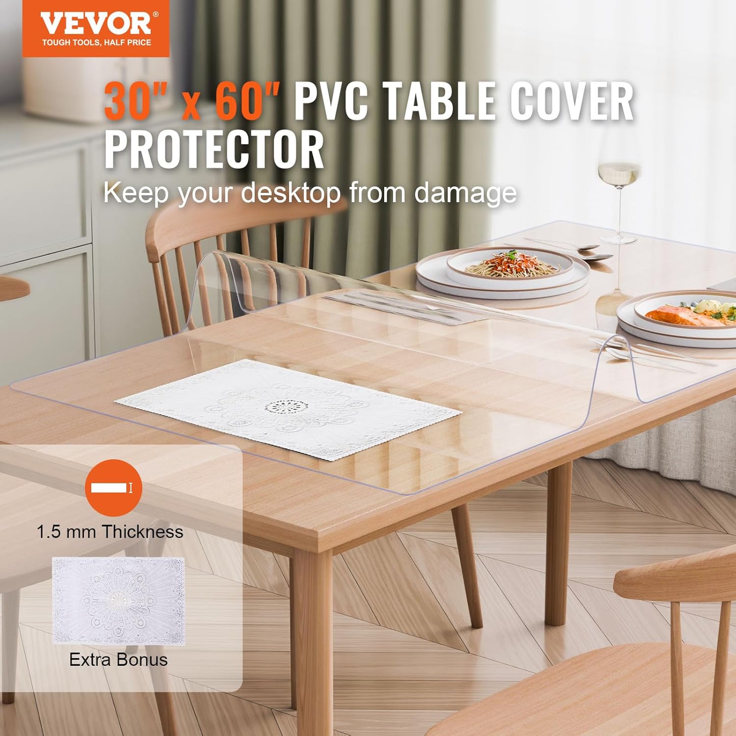 vevor plastic table cover, 30 x 60 inch 1.5 mm thick clear desk protector, rectangle pvc desk mat, waterproof & easy cleaning desk pad tablecloth, for office dresser dining room table night stand 60" x 30" (rectangular)