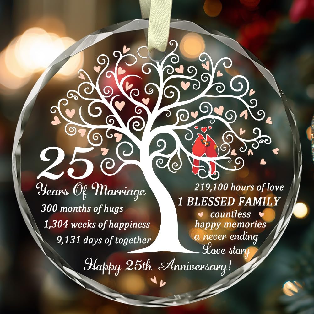 25th Wedding Anniversary Ornament - Gift for 25th Anniversary - Silver Anniversary - 25 Years of Marrige Gift Idea for Couple - Happy 15th Anniversary Glass Ornaments - Gifts for Wife, Husband