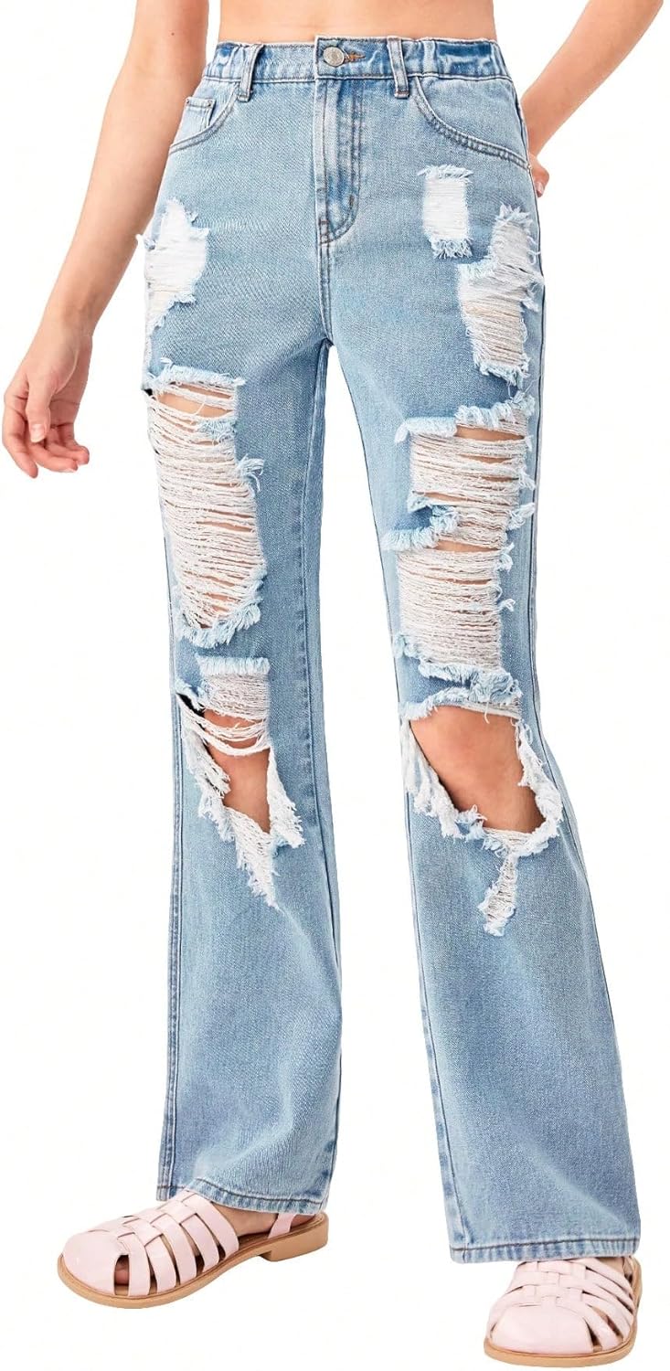 WDIRARA Girl's Cut Out Ripped Pocket Flare Leg Zipper Denim Jeans High Waist Pants