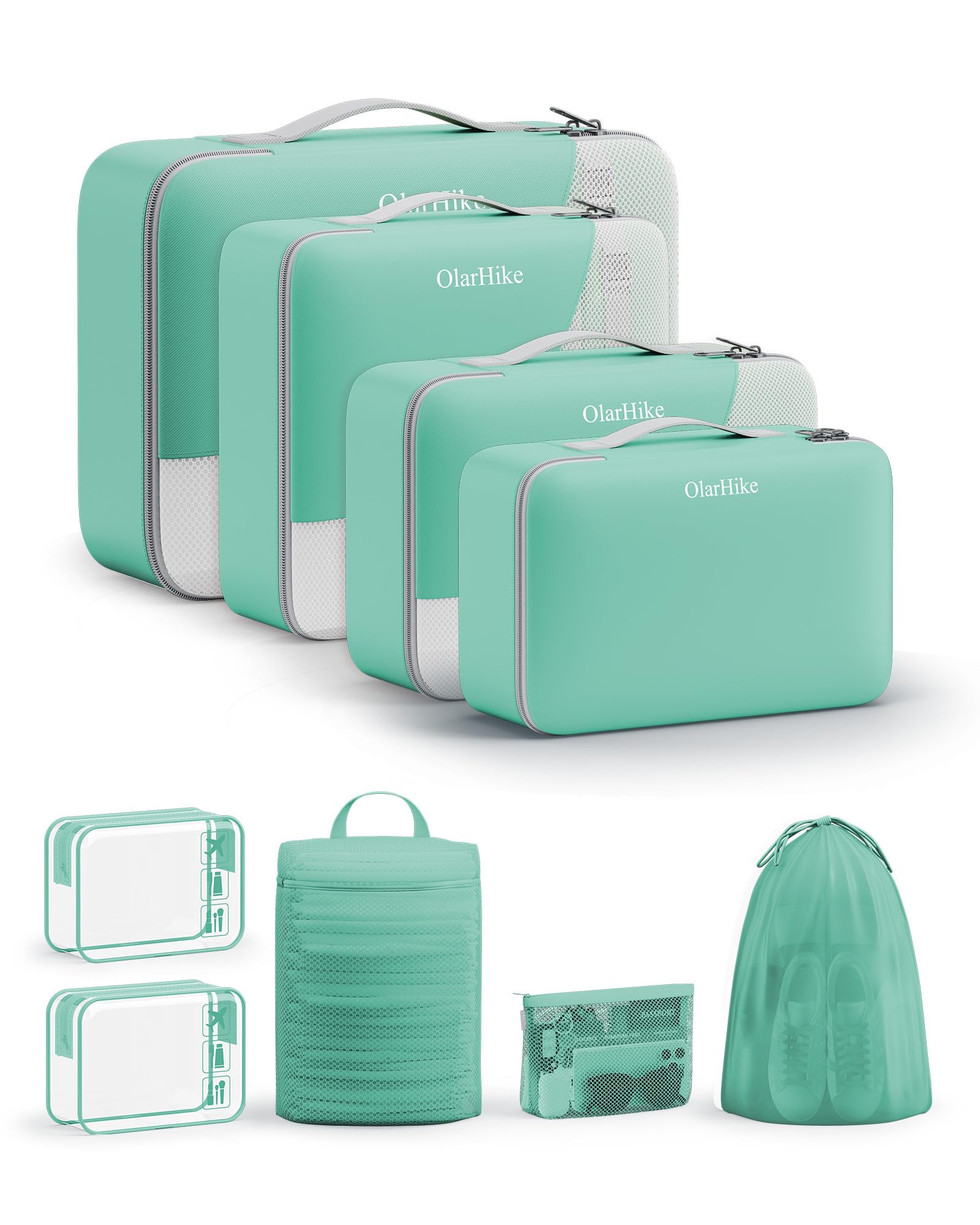 OlarHike Packing Cubes for Travel,Gifts for Women Mom,Anti-Tearing Suitcase Organizer for Luggage with Shoe &amp; Hanging Toiletry Bag,Vacation Essentials &amp; Accessories for Cruise Ship,9 Set,Light Teal