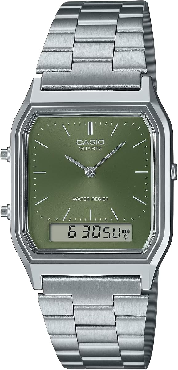 Reloj analógico-digital vintage de acero inoxidable con esfera verde, 38,8 x 29,8 mm - AQ230A-3AMQY