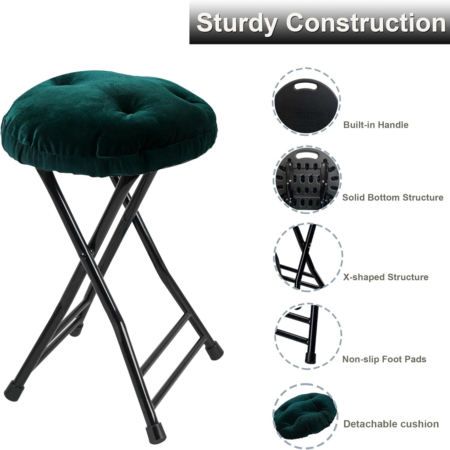 2 Pack Folding Stool with 2 Pack Seat Cushion, Folding Chair with Handle,Folding Bar Stool with Non-Slip Feet,600 lbs Capacity,Indoor and Outdoor Foldable Stool for Adults(Dark Green)