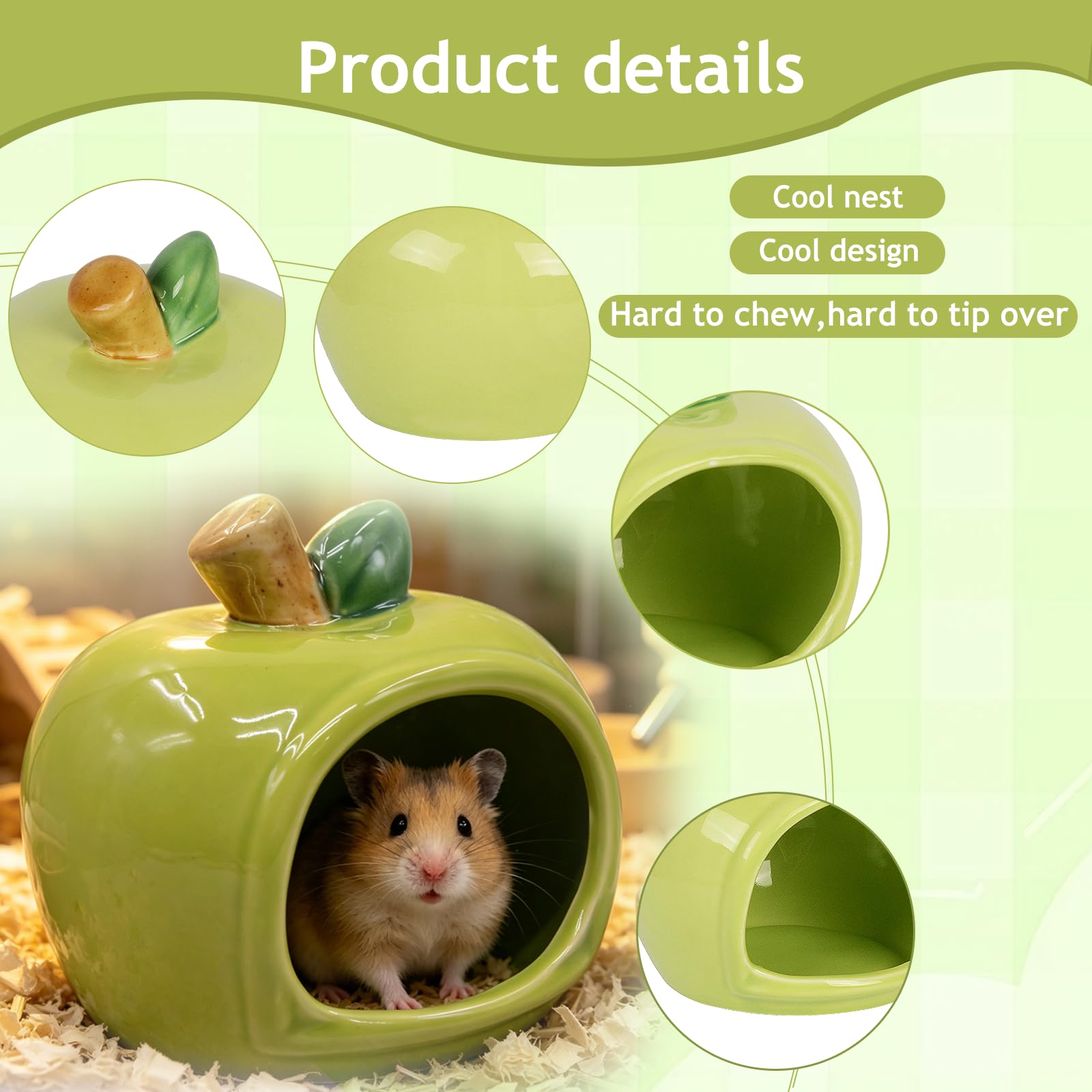 Nascondiglio in ceramica per criceti, non tossico, piccolo habitat a forma di mela, resistente alla masticazione, rifugio smaltato per criceti nani, gerbilli, orsi d'oro (verde)