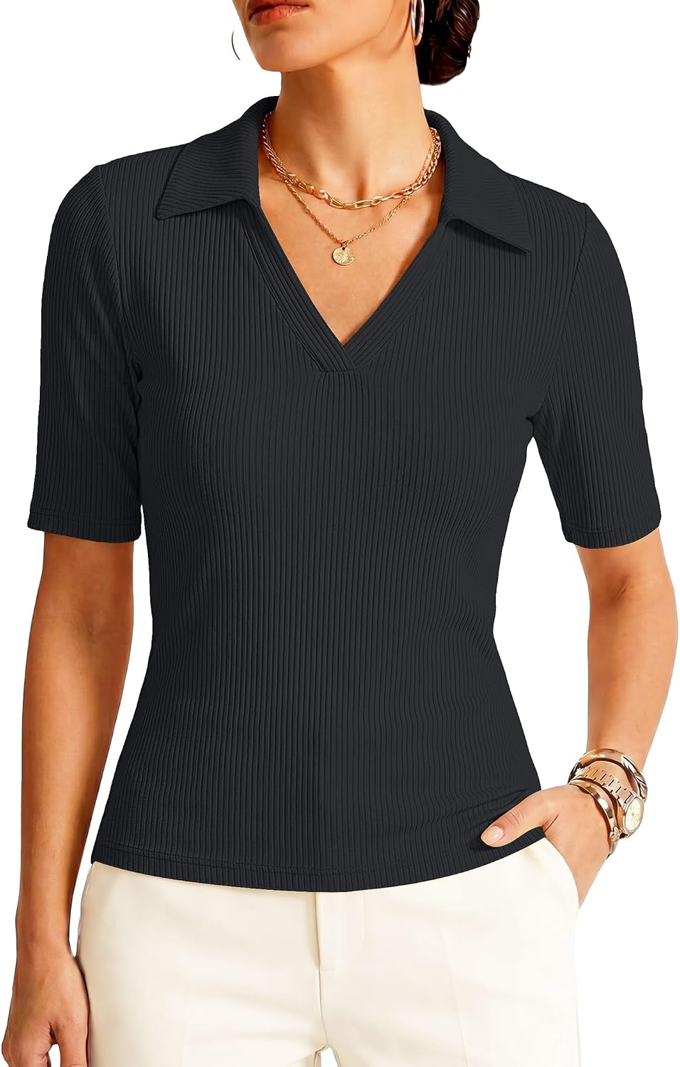 Prettywear Women's Half Sleeve Polo Shirts V Neck Business Casual Work Tops