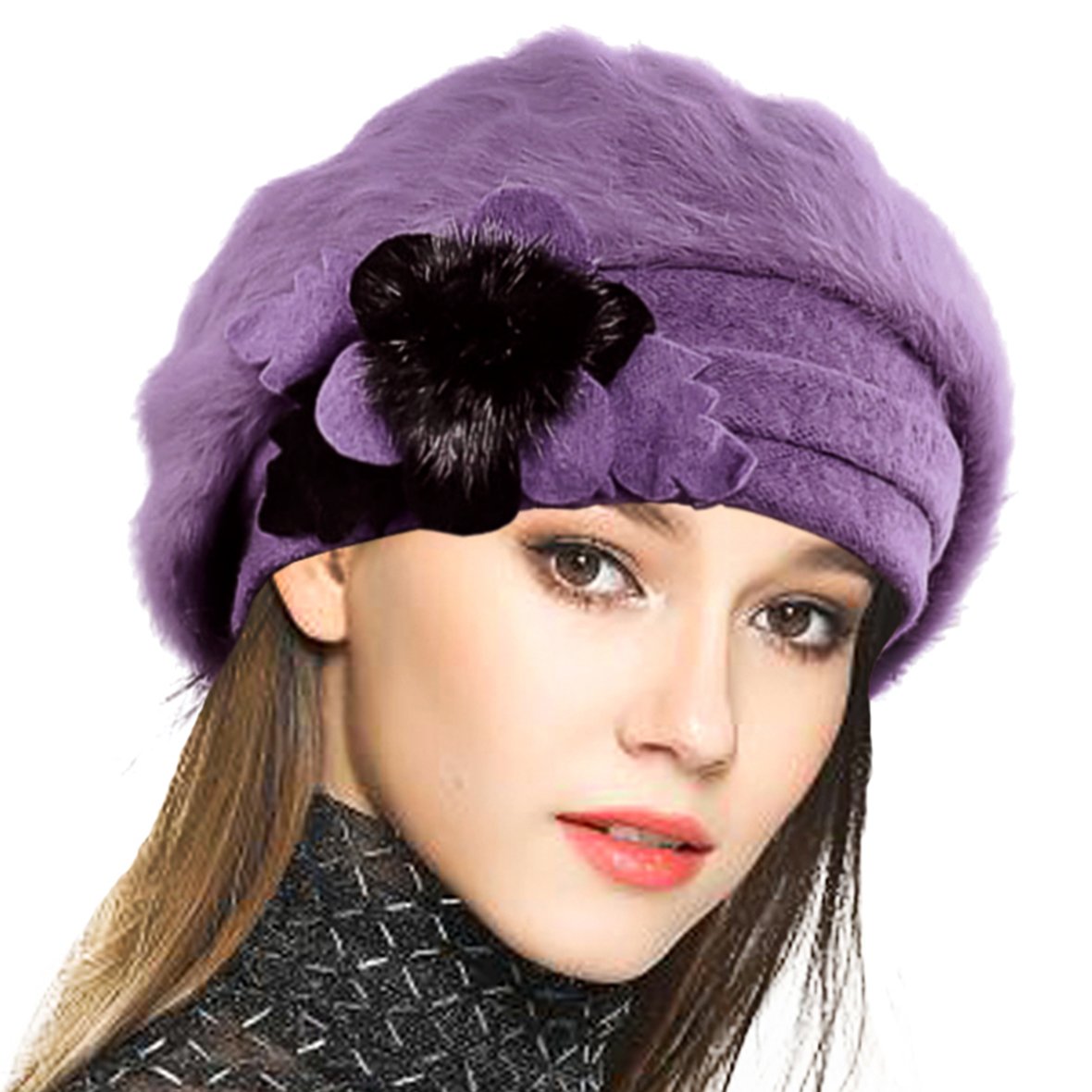 Vecry Women's Purple Wool Beret Angola Knit Beanie Skull Cap Dress Winter Hats (Purple)(Size:m)