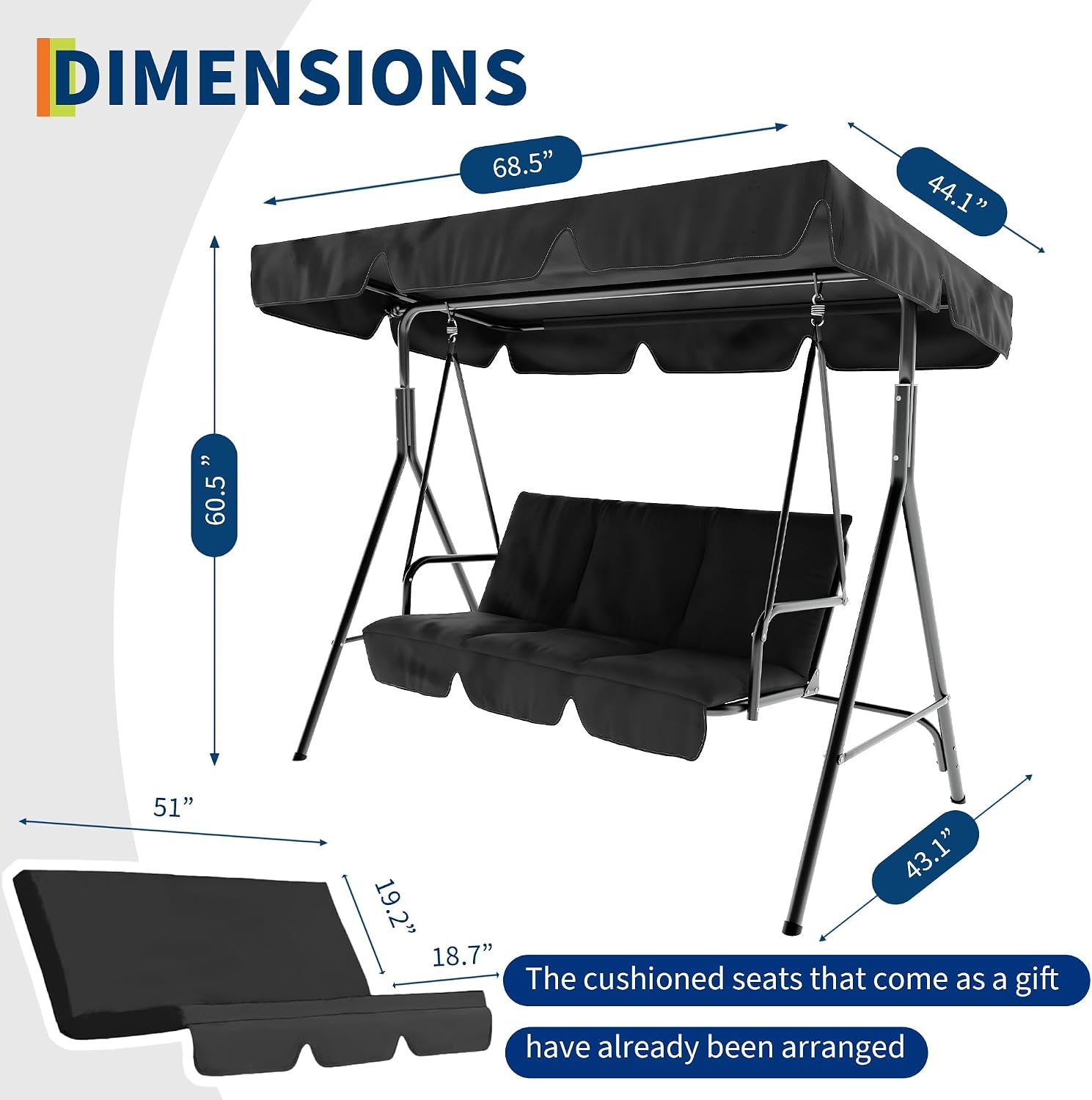 3 Seat Outdoor Porch Patio Swing with Stand and Adjustable Canopy, 800lbs Patio Chairs Porch Swing with Adjustable Tilt Shade for Blackyard Garden Deck, Black