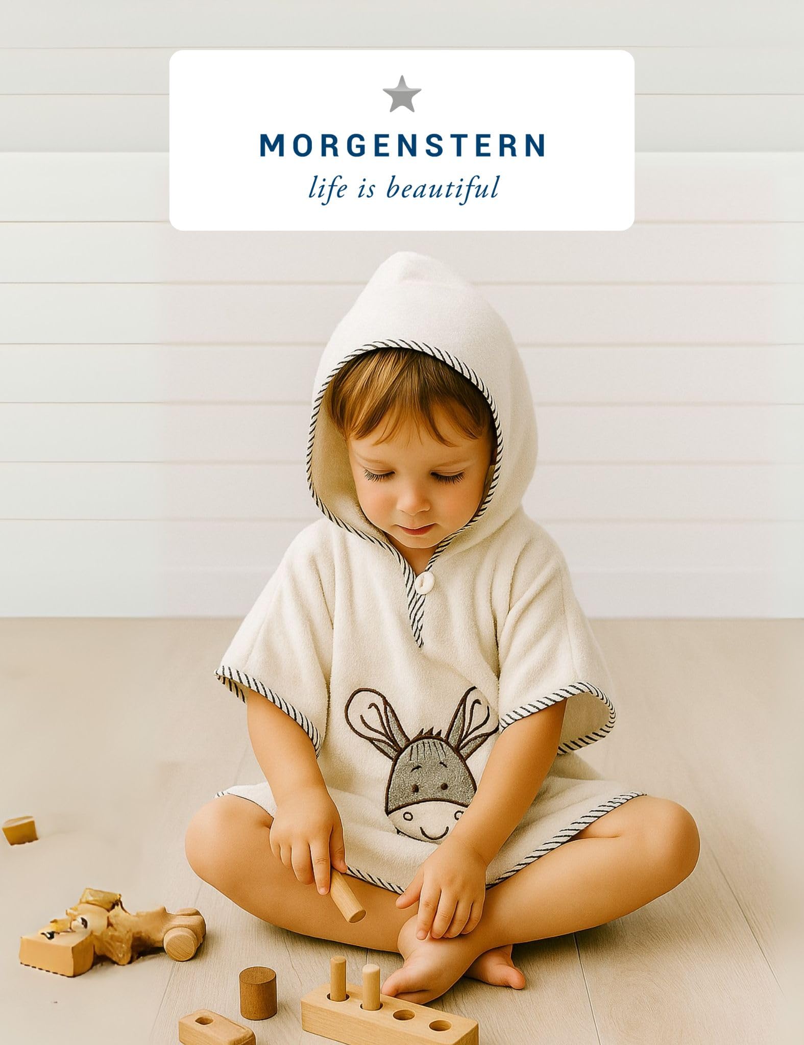 Morgenstern Badeponcho Kinder 1–3 Jahre mit Kapuze – 100% Baumwolle OEKO TEX® Handtuchponcho Kleinkind – Weicher Strandponcho mit Motiv, Farbe: beige
