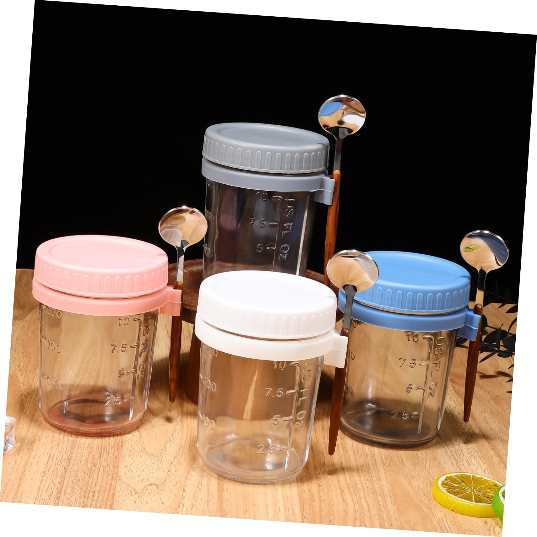 Hemobllo 4 Stück Vorratsdose Glas mit Holzdeckel 400ml Auslaufsicher mit Löffel für Küche und Büro Haushaltswaren