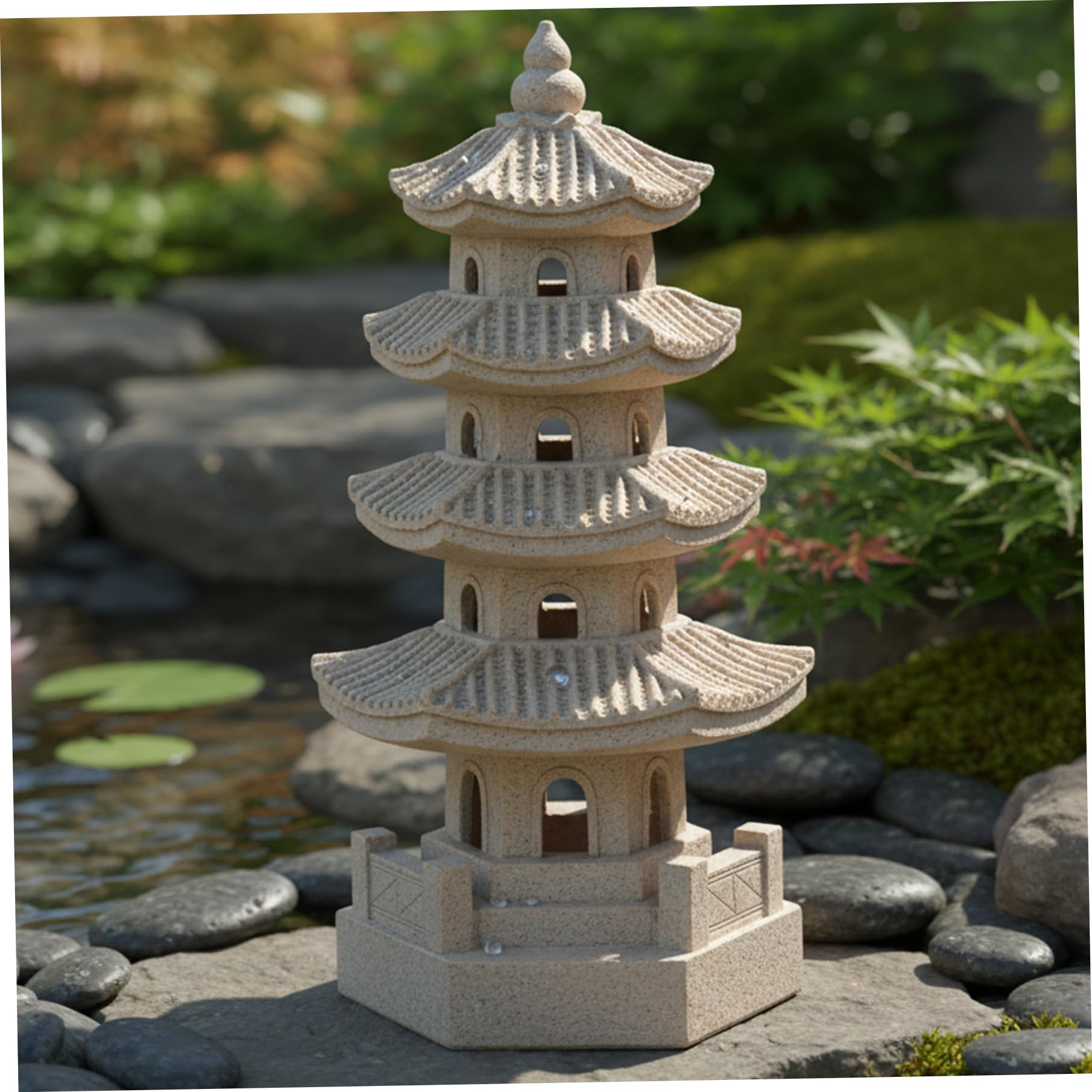 Faroby Pagoda Garden Statue Solar Powered Pagoda Lantern Khaki Resin Outdoor Zen Decor