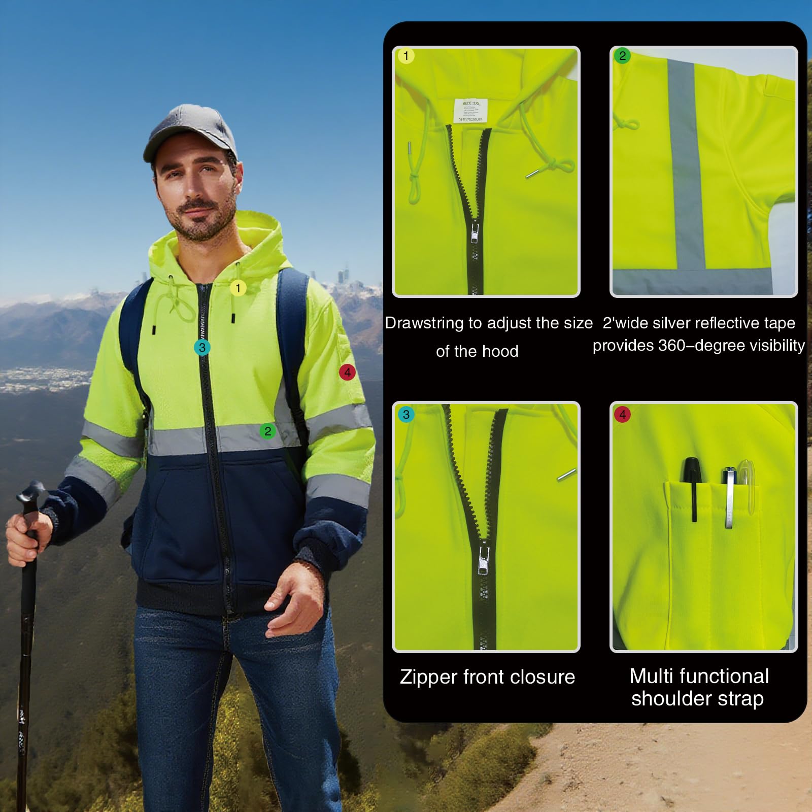 Sudadera con capucha de seguridad de alta visibilidad, reflectante, color amarillo neón y negro, cremallera, Lima, X-Large