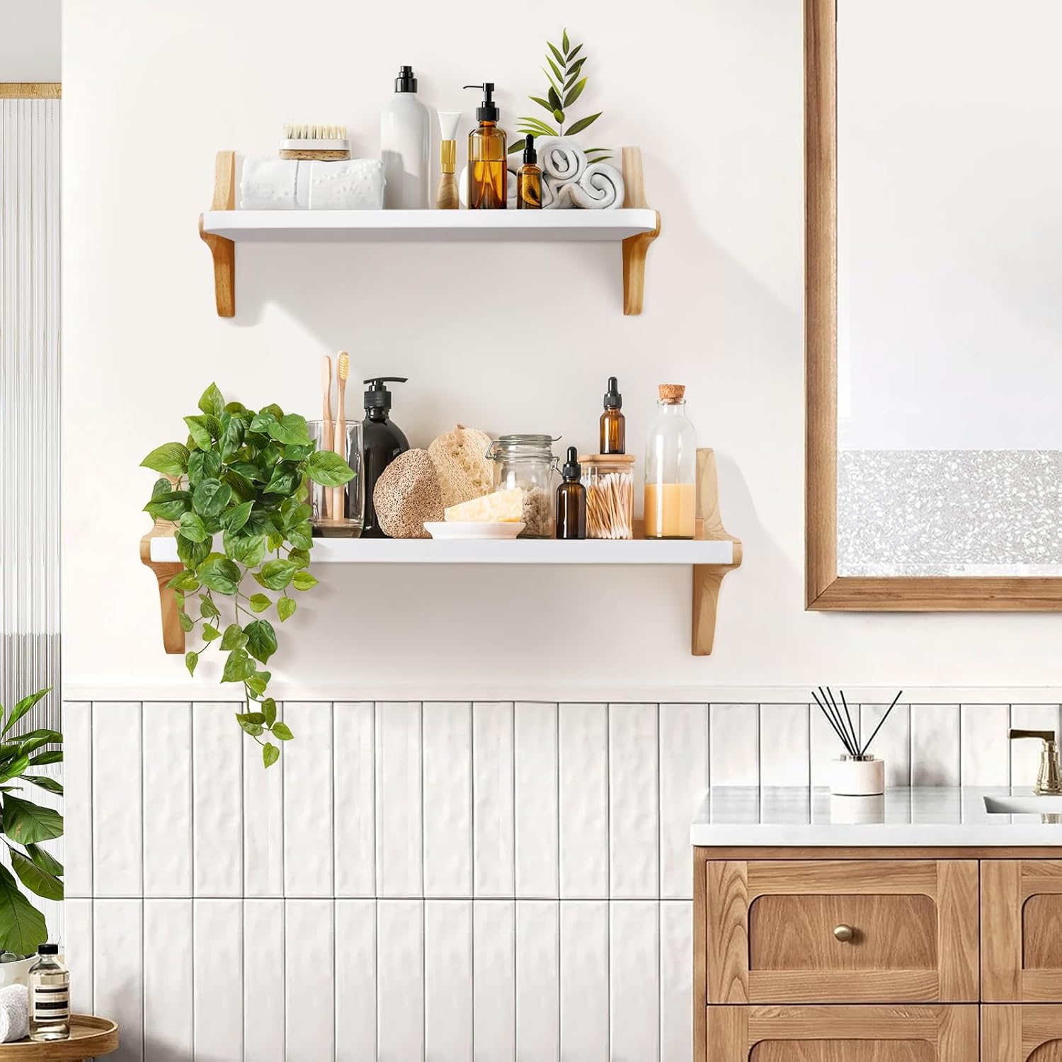 Wooden Floating Shelves for Wall, 15.7" W x 5" D x 0.6" H Large Wall Shelves, Hanging Storage Shelf with Sturdy Brackets for Living Room, Kitchen, Bathroom, Bedroom Decor, Walnut, 3 Packs