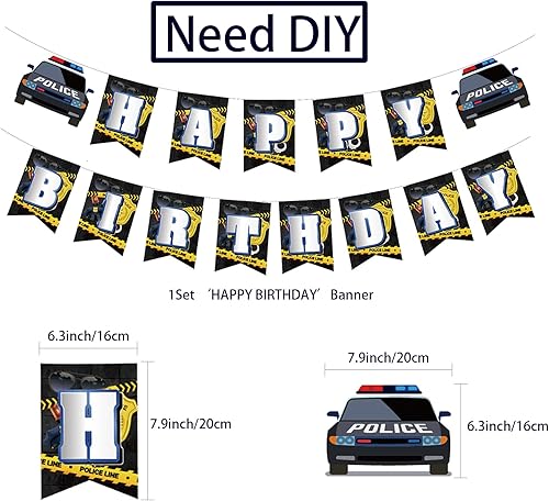 Vista 3 de Juego de decoración de fiesta de cumpleaños de policía, suministros de fiesta temática de policía para niños, incluyendo pancarta de feliz