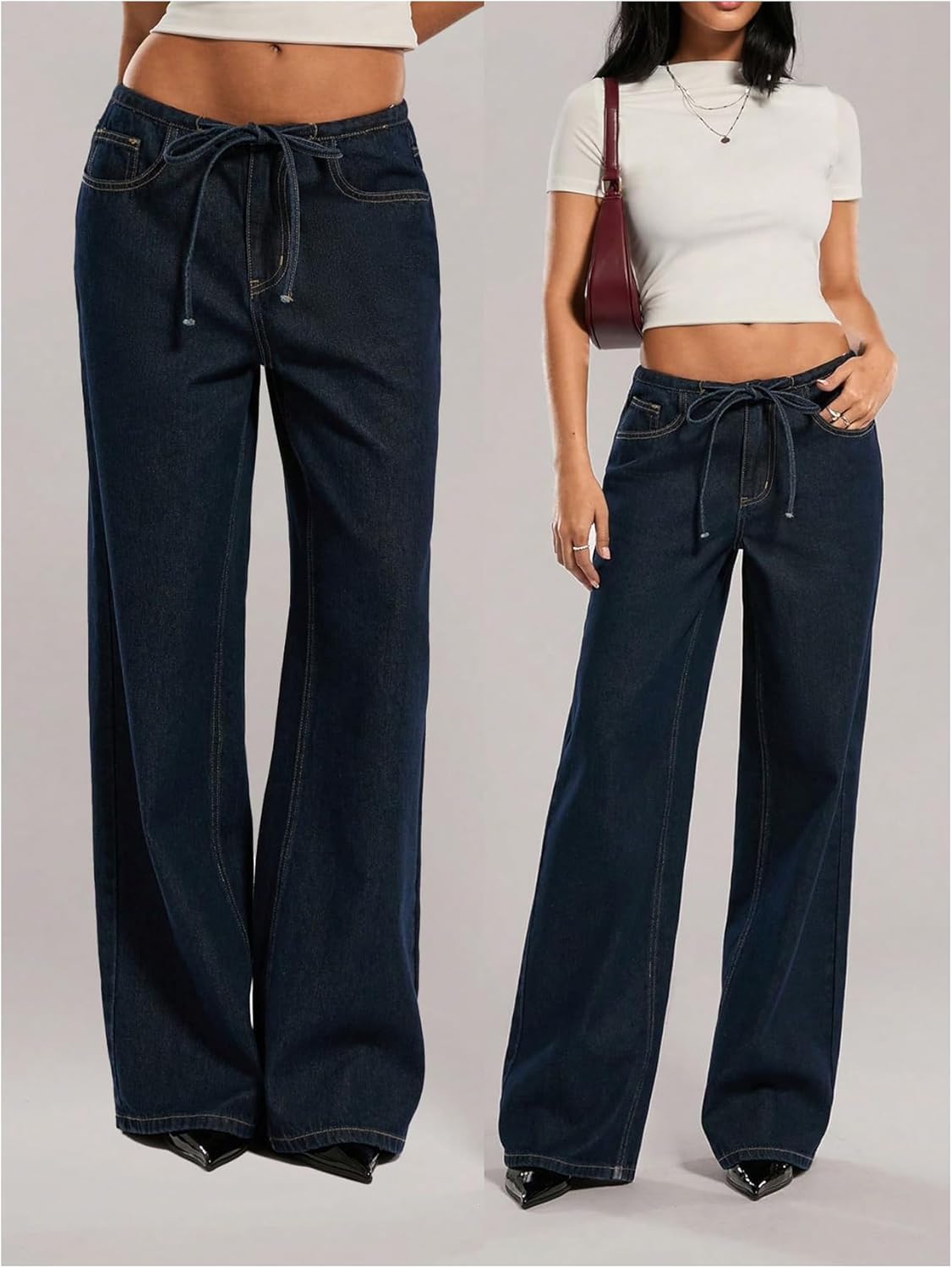 GORGLITTER Women's Low Rise Jeans Trendy Baggy Wide Leg Denim Pants Casual Tie Drawstring Low Waisted Straight Trousers - Image 5