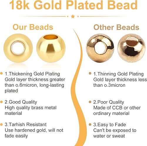 Miniatura 4 de PH PandaHall 500 cuentas de oro de 0.118 pulgadas chapadas en oro de 18 quilates, cuentas espaciadoras redondas lisas de larga duración, bolas