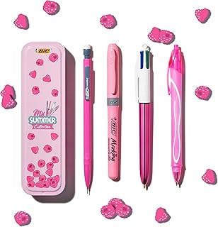 BIC Summer Pink Box, Estuche metálico Rosa que incluye: Bolígrafo de Gel de Punta Media (0.7.mm), Bolígrafo de 4 Colores (1.00.mm), Portaminas, Subrayador Rosa. (Paquete de 1, 4 Uds dentro)