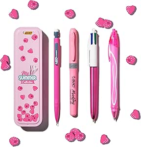 comprar material escolar - kit de bolígrafos bonitos y marcadores estuche - BIC Summer Pink Box, Estuche metálico Rosa que incluye: Bolígrafo de Gel de Punta Media (0.7.mm), Bolígrafo de 4 Colores (1.00.mm), Portaminas, Subrayador Rosa. (Paquete de 1, 4 Uds dentro)