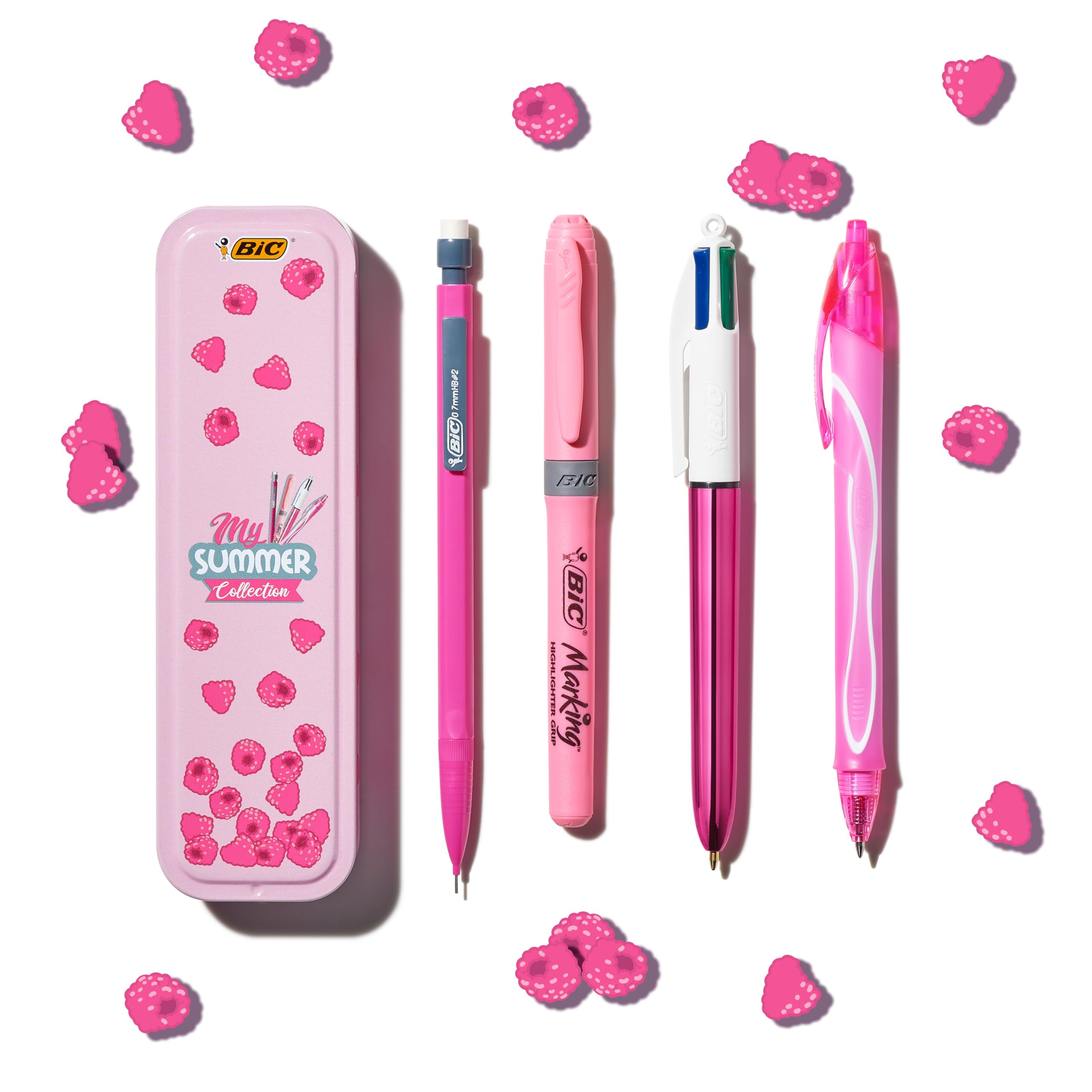 BIC Summer Pink Box, Estuche metálico Rosa que incluye: Bolígrafo de Gel de Punta Media (0.7.mm), Bolígrafo de 4 Colores (1.00.mm), Portaminas, Subrayador Rosa. (Paquete de 1, 4 Uds dentro)