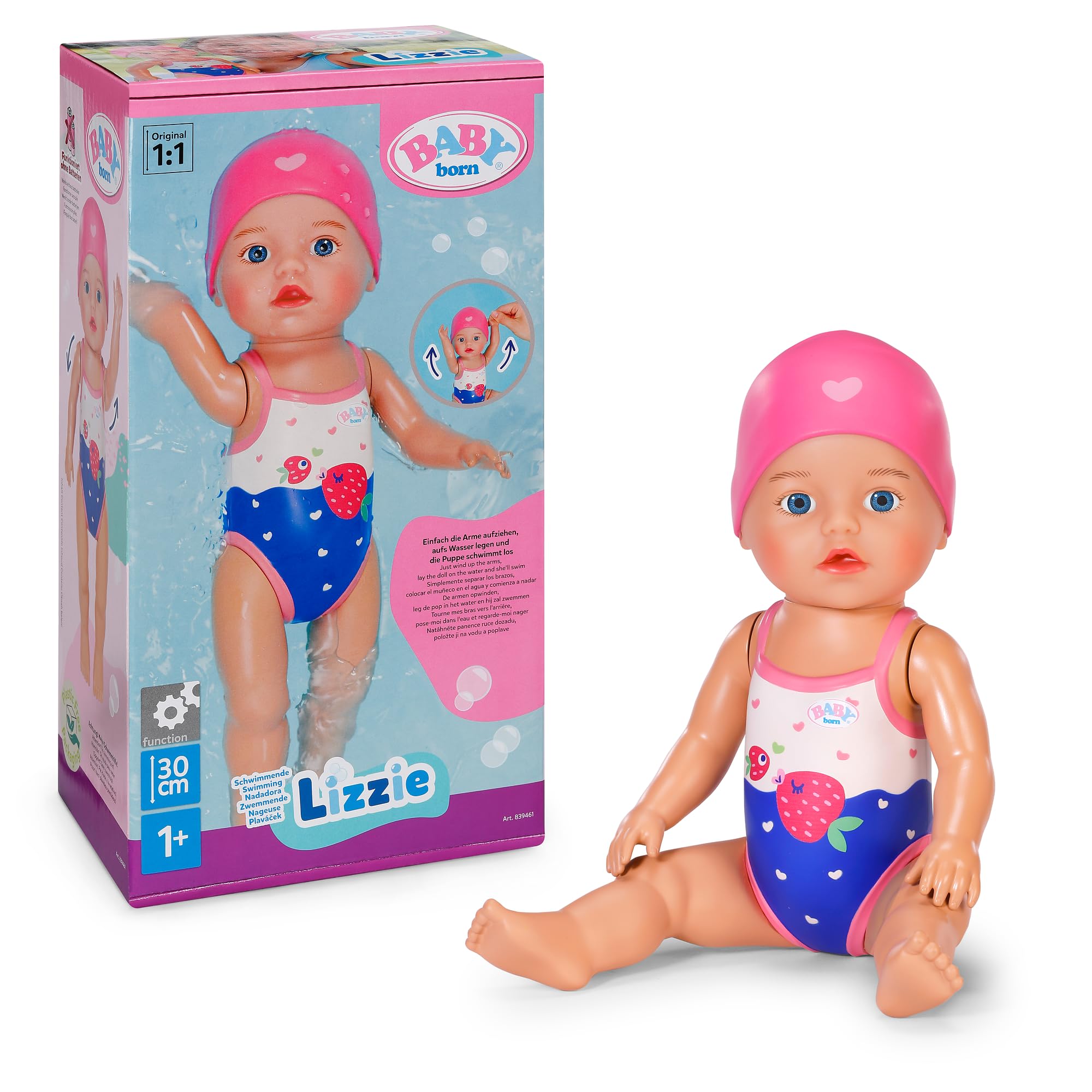 Baby Born Pływająca lalka Lizzie, 30 cm, wodoodporna, działa bez baterii, dla dzieci od 1 roku życia | Wodoodporny, nie wymaga baterii, do zabawy wodnej, od 1 roku