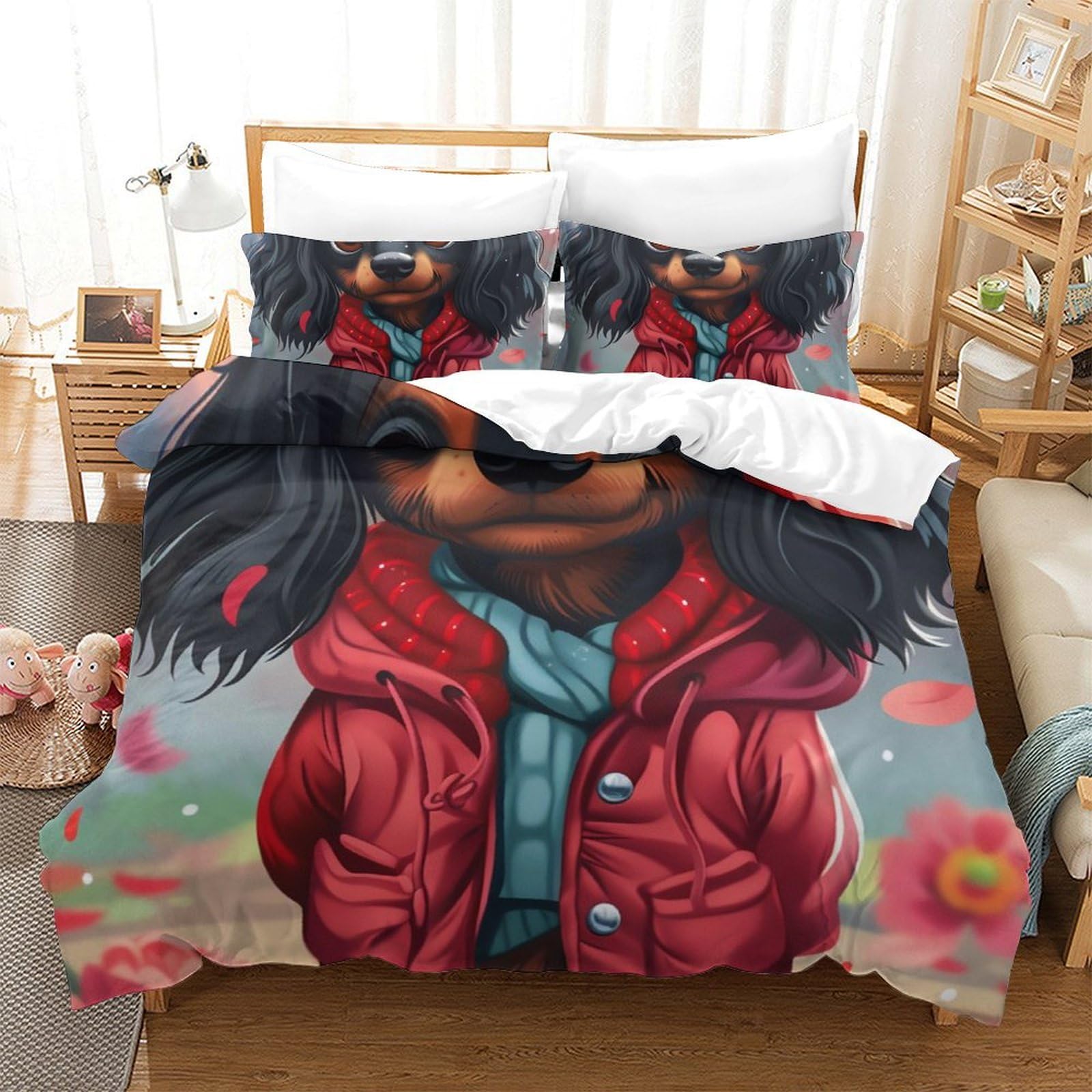 Housse de couette 3D chien literie microfibre respirante 3 pièces taie d'oreiller king 220x240cm douce