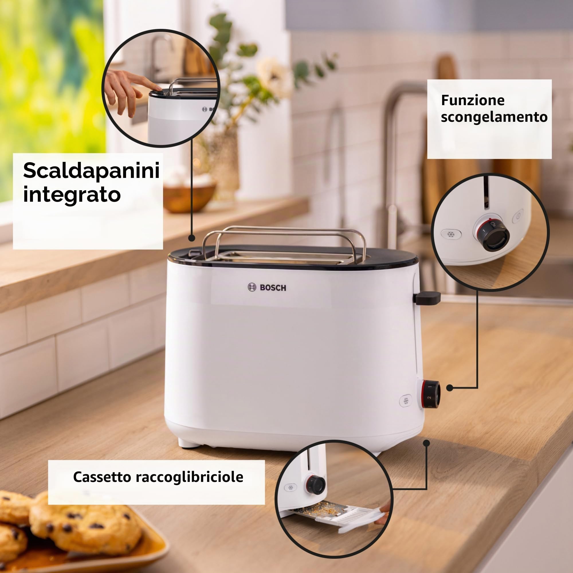 Bosch MyMoment TAT2M121 - Tostapane compatto con funzione di scongelamento, con funzione di spegnimento automatico, funzione sollevamento, centraggio del pane, perfetto per 2 fette, 800 Watt, bianco