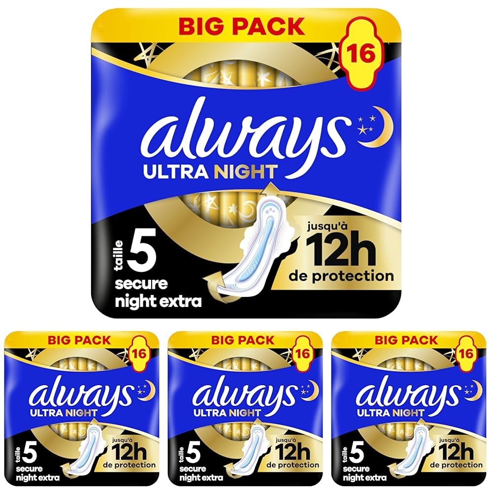 Always Ultra Serviettes Menstruelles Secure Night Extra (taille 5) Avec Ailettes 16 Serviettes, Super Absorbantes Et Ultra-Fines, Pour Règles (Lot de 4)