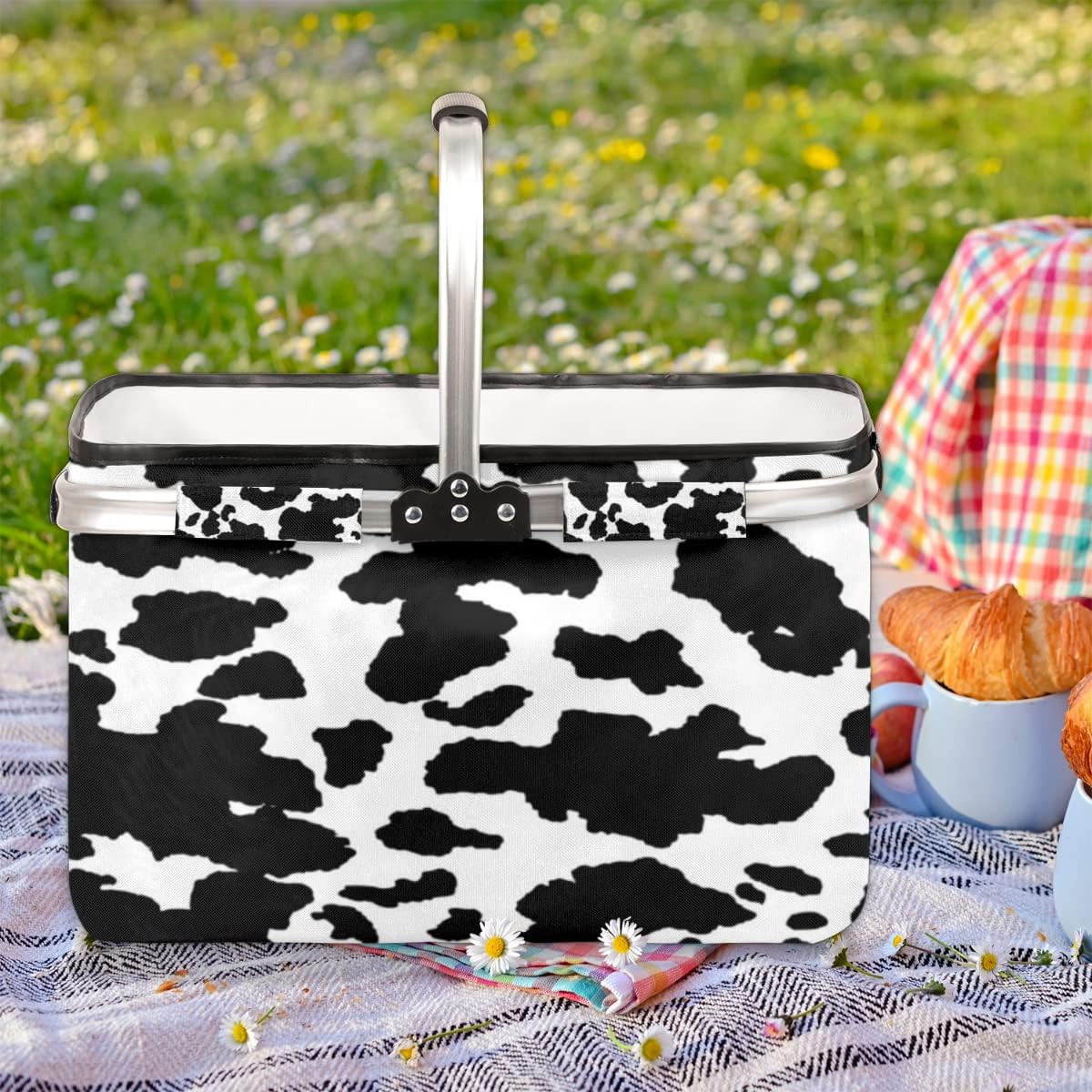 Market Basket Collapsible Large Animal Cow Print Reusable Shopping Tote Bags Box, Heavy Duty Grocery Bags with Handles, Folding Picnic Baskets for Travel, Shopping, Camping, Beach
