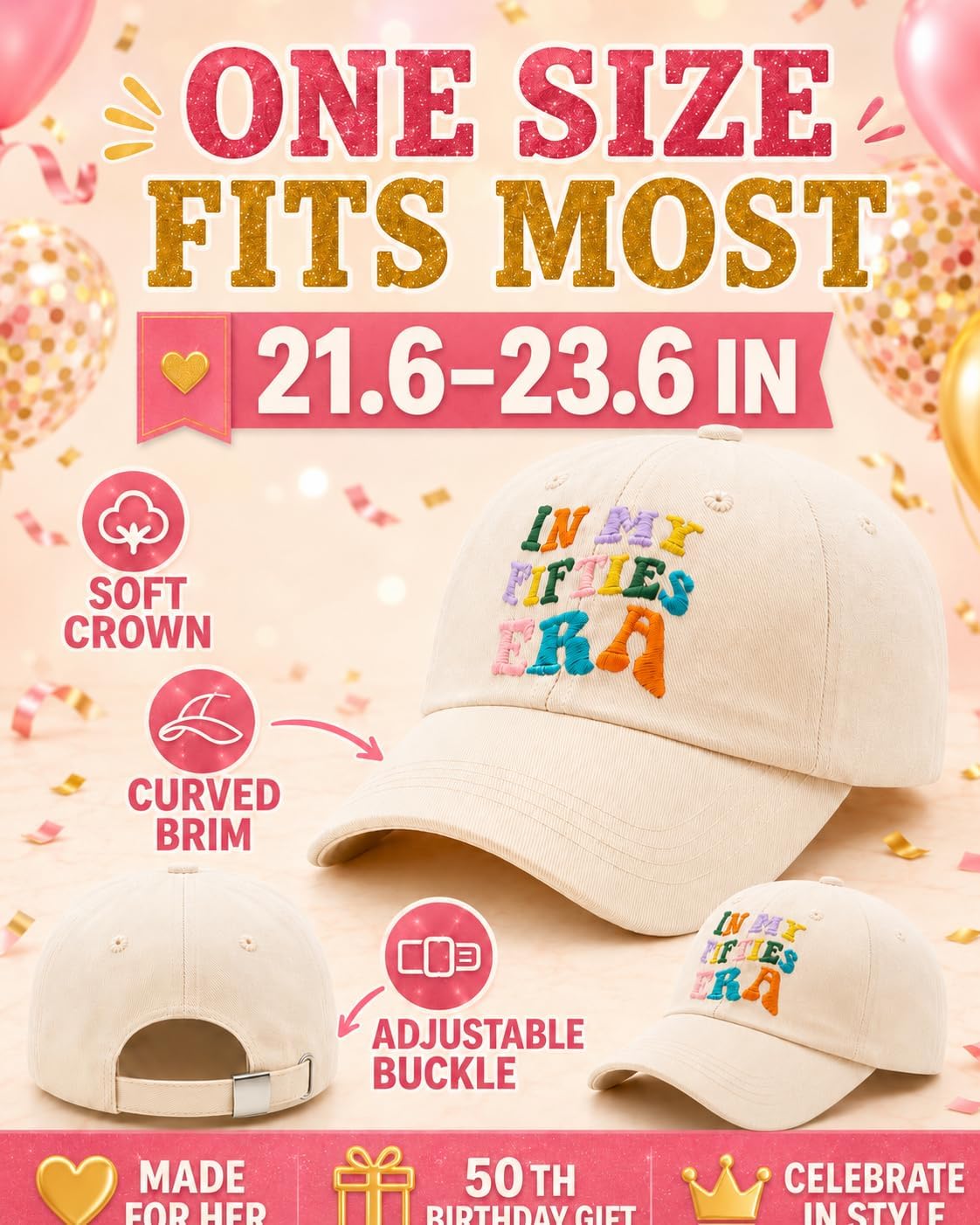 in My Fifties Era Baseball Cap, 50th Birthday Gifts for Women, Mothers Day Birthday Gift Ideas for Aunt, Friends Beige image 3