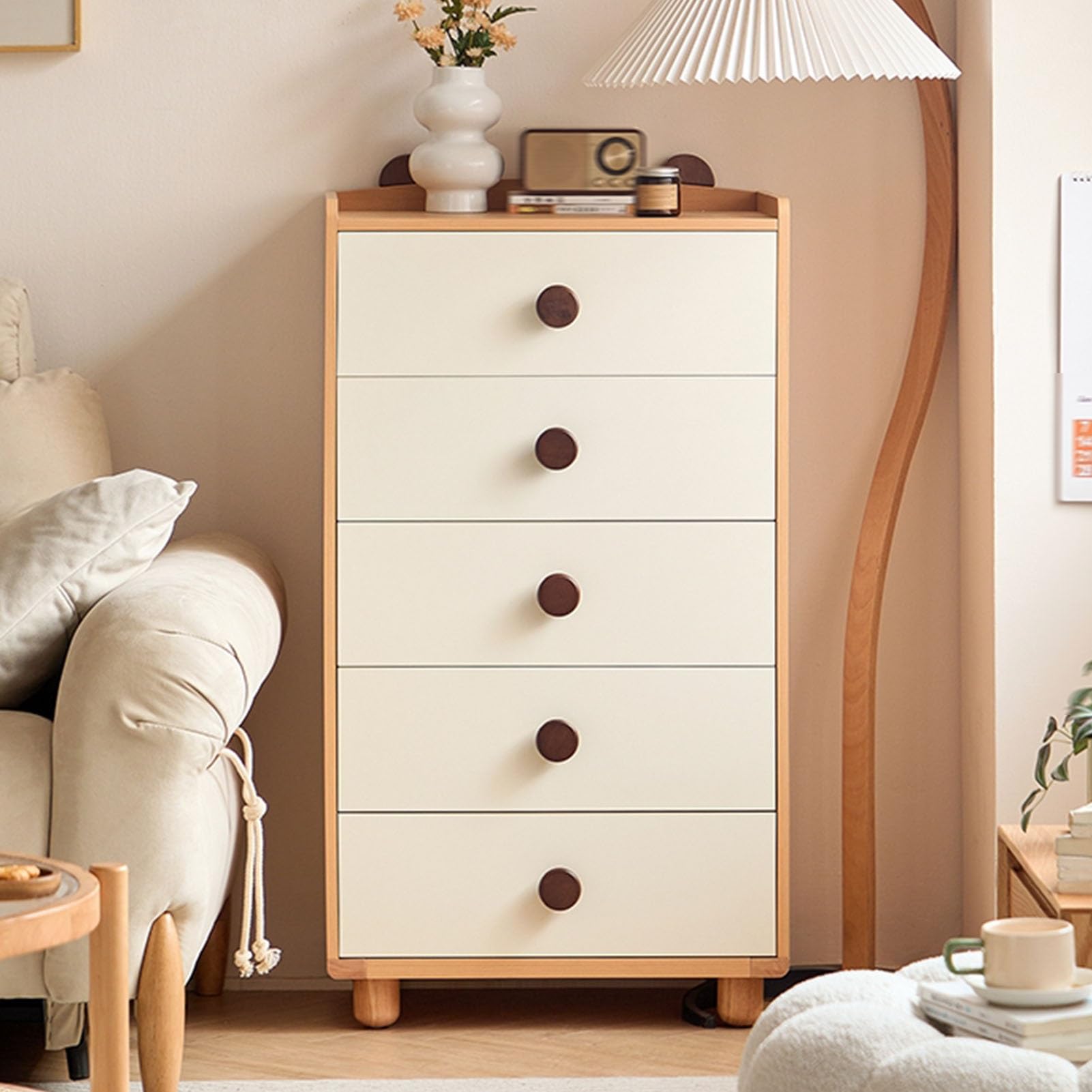 Kommode, Schubladenschrank Aus Holz, Aufbewahrungsschrank Mit Schubladen, Schubladenschrank Schmal, for Kinderzimmer, Wohnzimmer, Holzfarbe + Weiß(5 Drawer Chest)