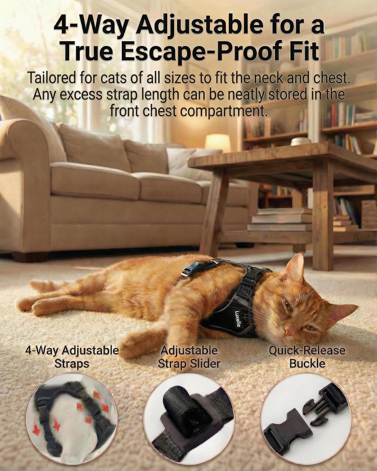 Luxelle Set di pettorina e guinzaglio per gatti a prova di fuga, regolabile, morbido, con cinghie riflettenti a 360°, tasca integrata e cinturino da polso, imbracatura in rete traspirante per gatti e